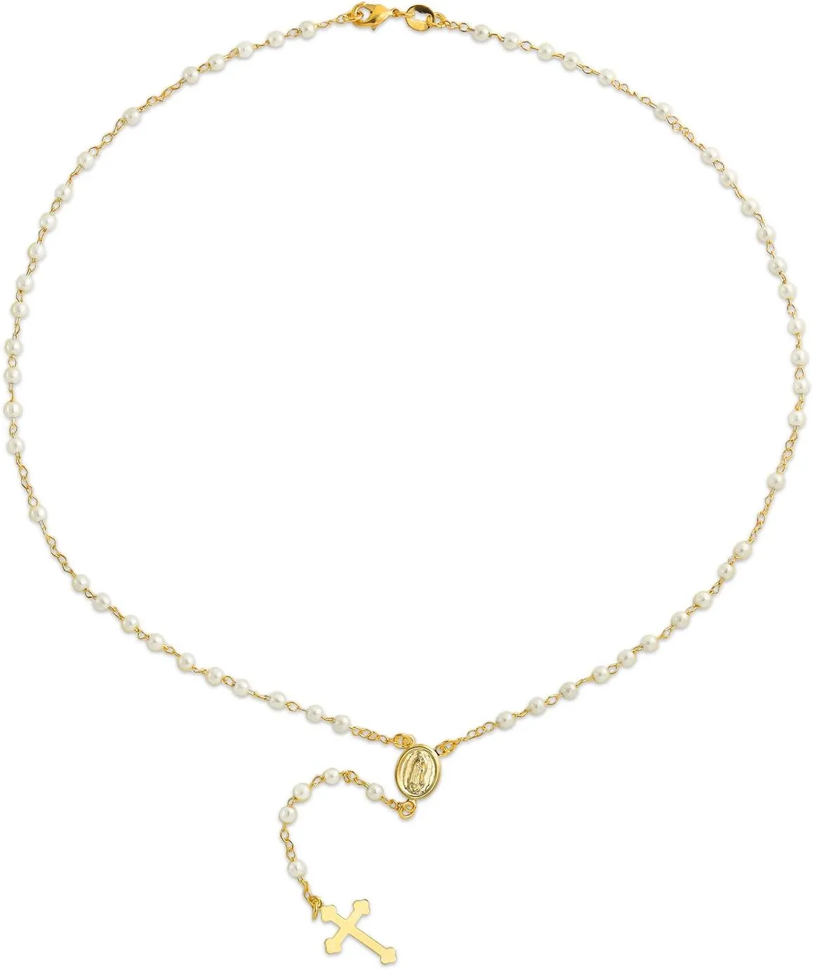 Dainty Delicate Religious Guardian Angel Or Virgin Mary Medallion White Simulated Pearl Rosary Bead Necklace For Women Teen 18K Gold Plated