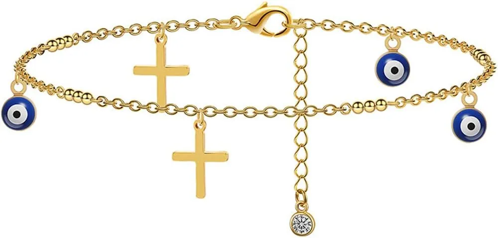 Dainty Evil Eye Anklet for Women 14K Gold Plated Minimalist Delicate Anklet Bobo Beach Hypoallergenic Foot Jewelry Gift