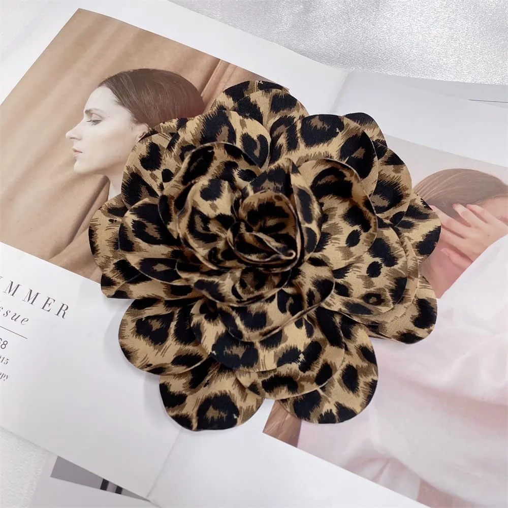 Dainty Fabric Leopard Rose Flower Large Brooch Lapel Pins Handmade Big Flower Brooches Pin Classic for Women Wedding Party Dance Banquet Dress Suit Clothes Accessories Jewelry Gifts 190mm