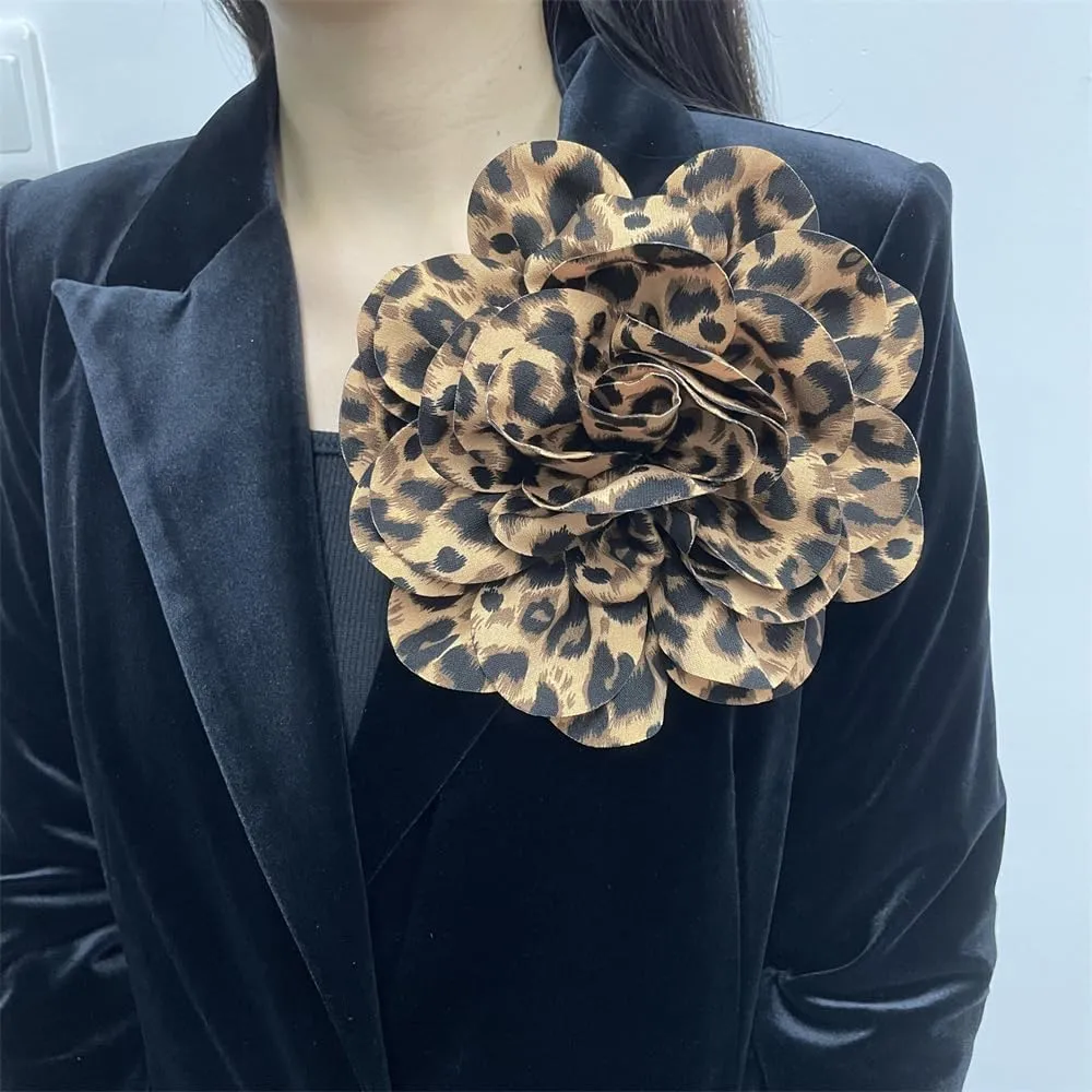 Dainty Fabric Leopard Rose Flower Large Brooch Lapel Pins Handmade Big Flower Brooches Pin Classic for Women Wedding Party Dance Banquet Dress Suit Clothes Accessories Jewelry Gifts 190mm