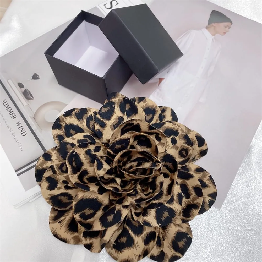 Dainty Fabric Leopard Rose Flower Large Brooch Lapel Pins Handmade Big Flower Brooches Pin Classic for Women Wedding Party Dance Banquet Dress Suit Clothes Accessories Jewelry Gifts 190mm