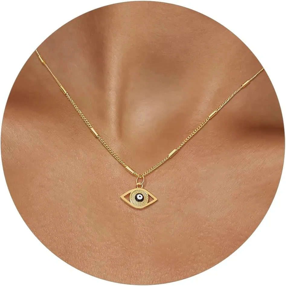 Dainty Gold Necklace for Women, 14K Gold Plated Evil Eye Heart Pendant Chocker Necklace Simple Chain Layered Necklaces Trendy Gold Jewelry for Women