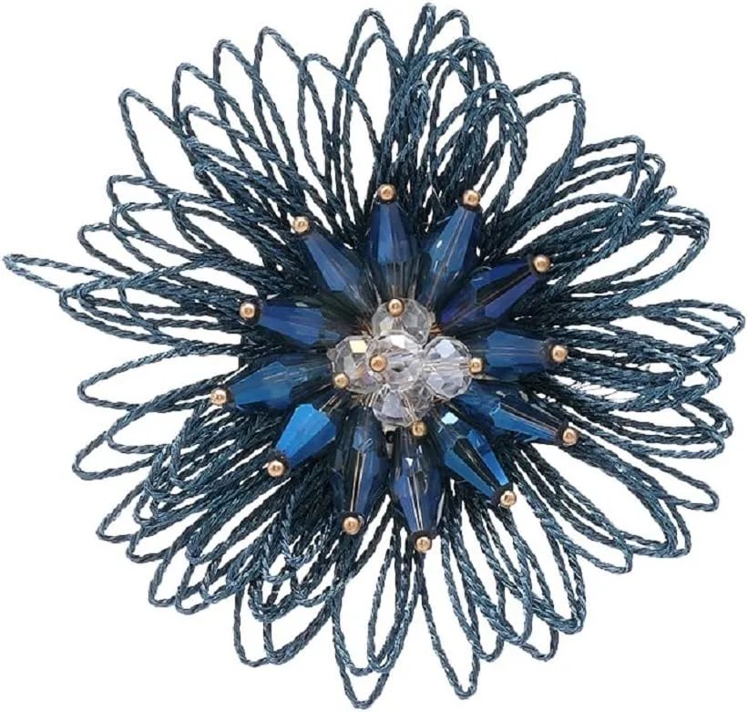 Dainty Mesh Flower Brooch Pin for Women Girls Fashion Fabric Leaf Crystal Acrylic Ball Bead Pistil 3D Floral Brooches Lapel Pins Elegant Dress Accessories Wedding Event Holiday Festival Jewelry Gift (Blue Daisy)