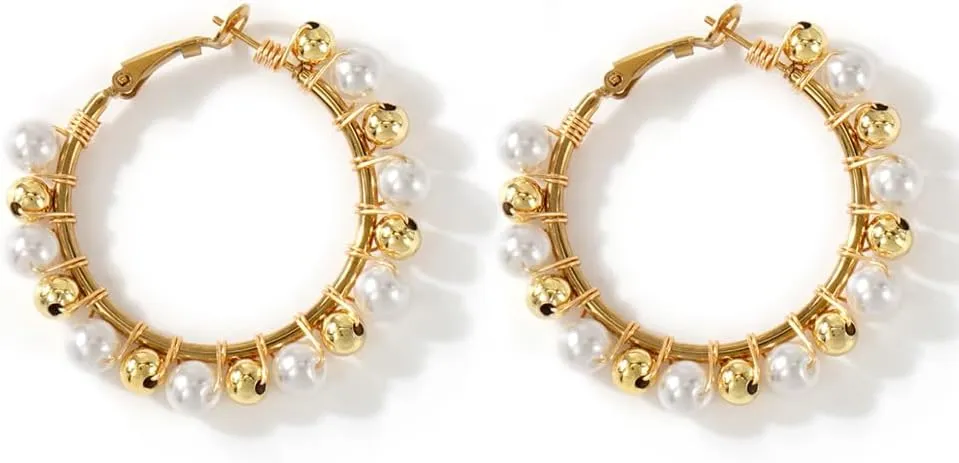 Dainty Pearl Beaded Gold Plated Circle Hoop Earrings for Women, Handmade Boho Gold Earrings Fashion Elegant Prom Jewelry Gift Mom Friendship