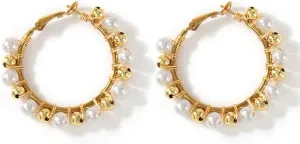 Dainty Pearl Beaded Gold Plated Circle Hoop Earrings for Women, Handmade Boho Gold Earrings Fashion Elegant Prom Jewelry Gift Mom Friendship
