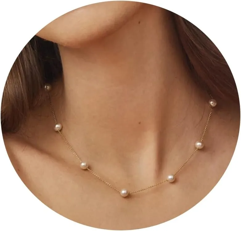 Dainty Pearl Choker Necklace for Women, 14K Gold Plated Handmade Layered Freshwater Pearl Necklace Delicate Necklace Everyday Jewelry