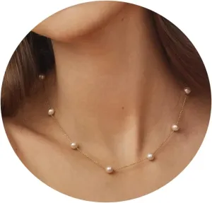 Dainty Pearl Choker Necklace for Women, 14K Gold Plated Handmade Layered Freshwater Pearl Necklace Delicate Necklace Everyday Jewelry