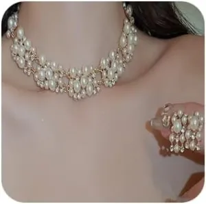 Dainty Pearl Rhinestone Necklace Earrings Set Layered Chunky Short Pearl Rhinestone Statement Necklace Earrings Set Elegant Gold Plated Wedding Bride Jewelry Set for Brides Bridesmaid