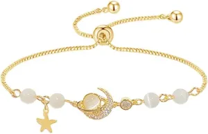 Dainty Planet Moon Star Link Bracelet 18k Gold Plated Adjustable Chain Sparkling Cubic Zirconia Chic Cat Eye Beaded Delicate Bracelets for Women Party Jewelry Best Gift Birthday Valentine's Day Xmas