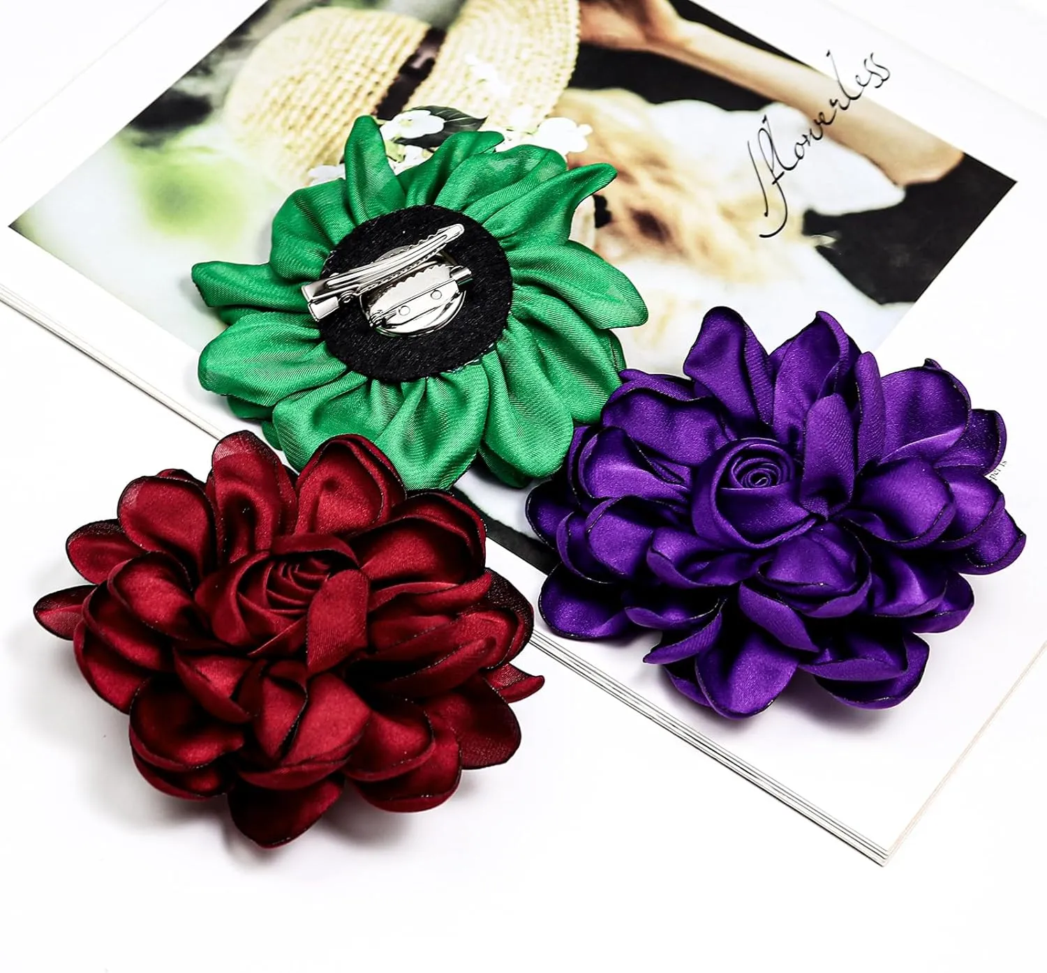 Dainty Satin Rose Flower Brooch Pins for Women Delicate Large Camellia Pins Shawl Clips Duckbill Clips Wedding Prom Banquet Party Jewelry Gift