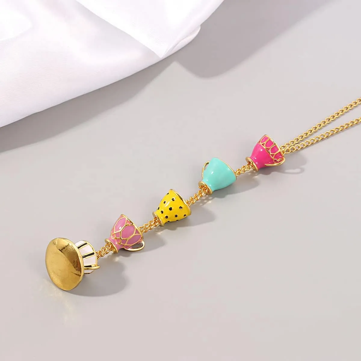 Dainty Stacked Enamel Teacup Necklace - Delicate 3D Interlock Teapot Coffee Tea Cup Pendant - Elegant Long Sweater Necklace for Women Girl Fashion Jewelry
