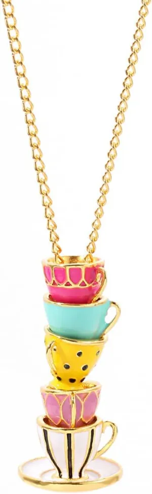 Dainty Stacked Enamel Teacup Necklace - Delicate 3D Interlock Teapot Coffee Tea Cup Pendant - Elegant Long Sweater Necklace for Women Girl Fashion Jewelry