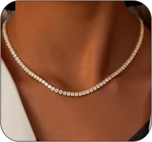 Dainty Tennis Necklaces for Women 14K Gold Plated Thin CZ Tennis Necklace Faux Diamond Tennis Chain Adjustable Tennis Choker Necklace for Women Necklace for Prom