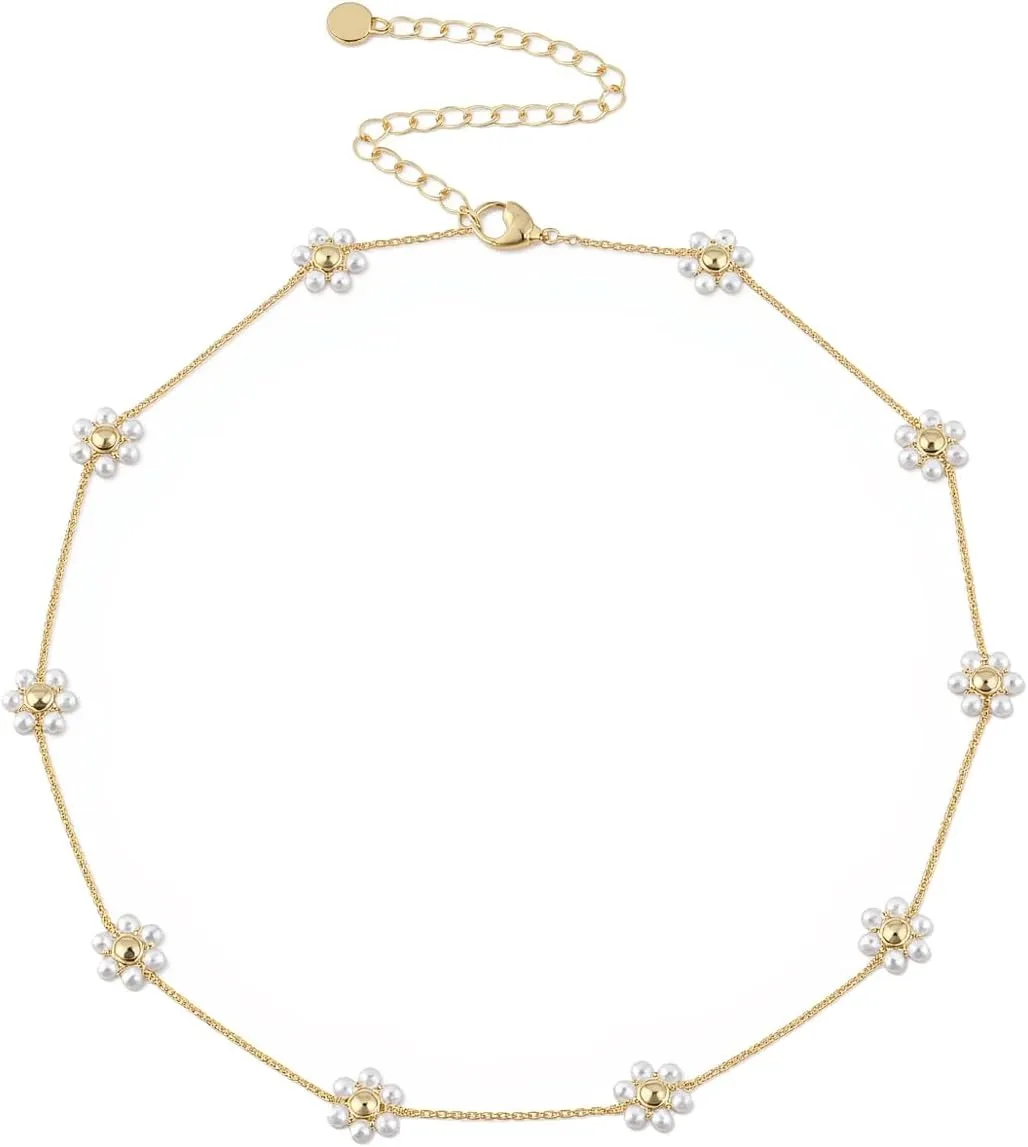 Daisy Flower Pearl Necklace for Women Dainty 14K Gold Handmade Pearl Beads Choker Necklace Summer Daisy Jewelry Gifts
