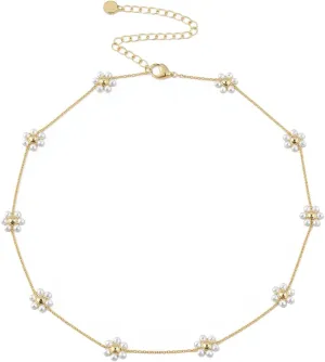 Daisy Flower Pearl Necklace for Women Dainty 14K Gold Handmade Pearl Beads Choker Necklace Summer Daisy Jewelry Gifts
