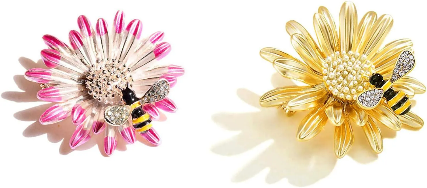 Daisy Sunflower Brooches Daisy Flower Enamel Brooch Pin Broach Decoration Gift Enamel Crystal Flower Honey Bee Delicated Scarf Brooch Pin Accessories Jewelry for Women Girls