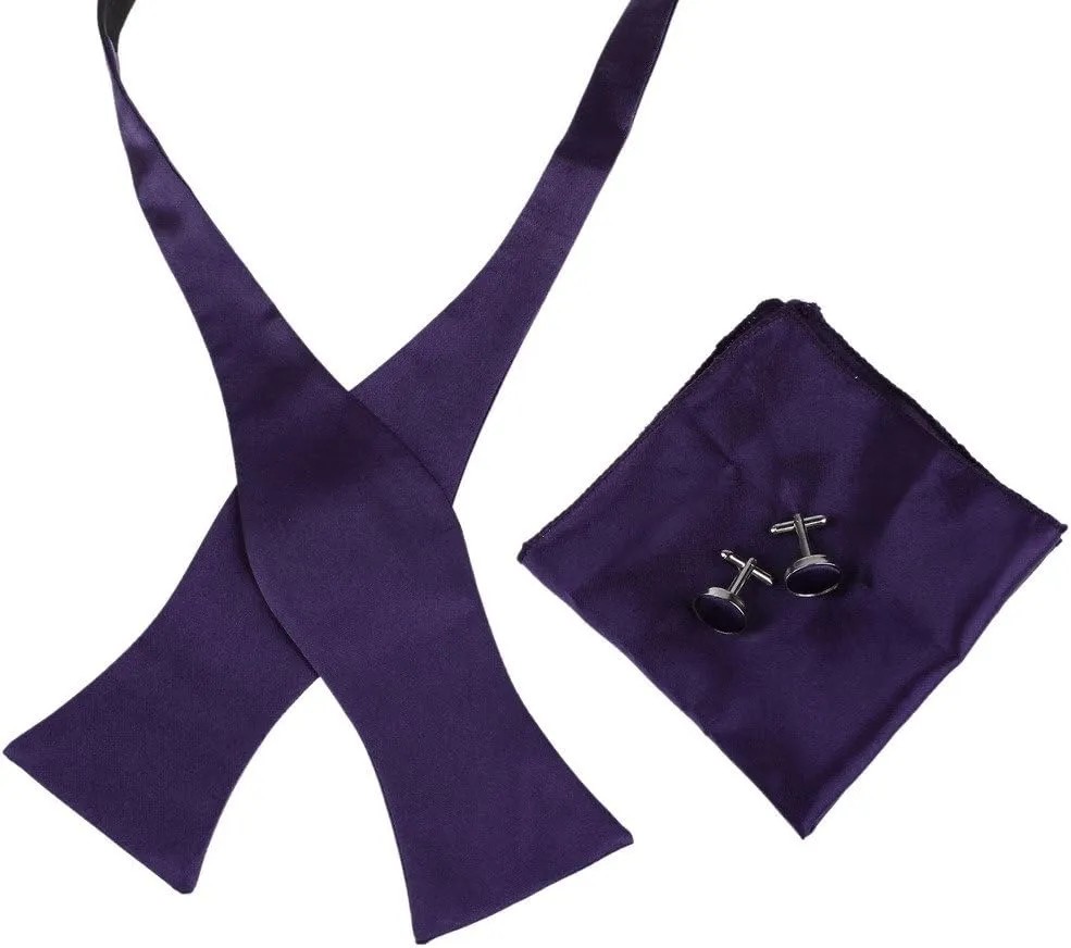 Dan Smith Wedding Solid Bowtie Self Bow Tie Feel Silk Famliy Shirt Self-Tied Bow Tie Pocket-Square Cuff Set