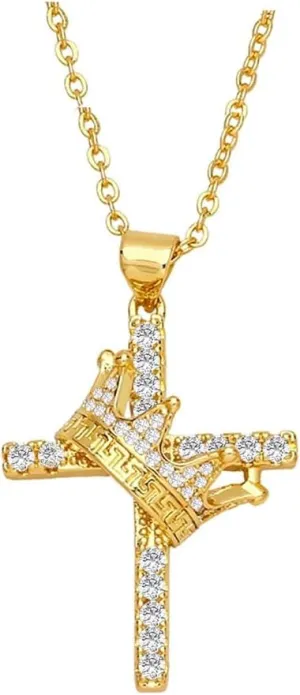 Delicate Crown Cross Necklace for Women 14k Gold Zircon Cross Pendant Necklace Simple Faith Necklace Fashion Crown Charm Jewelry