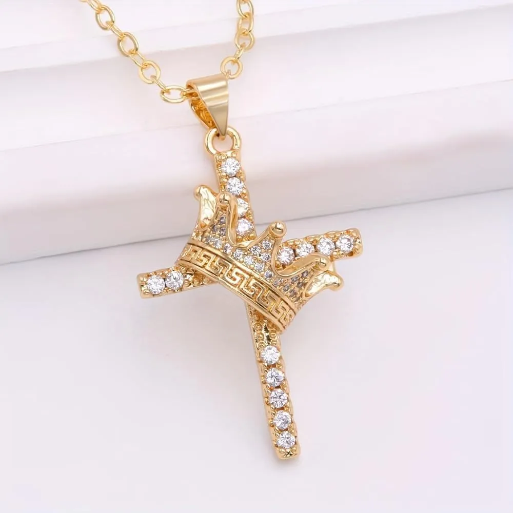 Delicate Crown Cross Necklace for Women 14k Gold Zircon Cross Pendant Necklace Simple Faith Necklace Fashion Crown Charm Jewelry