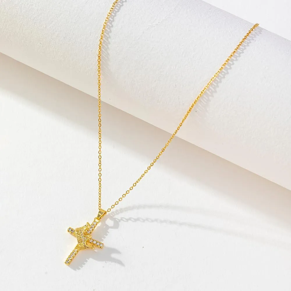 Delicate Crown Cross Necklace for Women 14k Gold Zircon Cross Pendant Necklace Simple Faith Necklace Fashion Crown Charm Jewelry