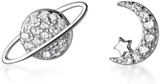 Delicate Saturn Planet Star Stud Earrings Setting Crystal Tiny Earrings