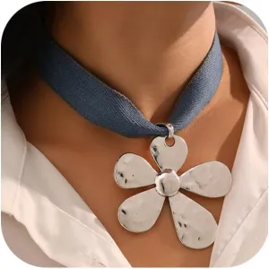 Denim Choker Necklace for Women Vintage Blue Denim Flower Choker Necklace Stylish Denim Starfish Cross Choker Trendy Jewelry