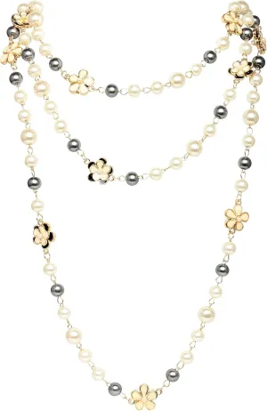 Designer Inspired Long Double Pearl Strand Layered Camellia Flower Pendant Necklace for Women, Dainty Sweater Necklace for Party, Vintage Costume Jewelry