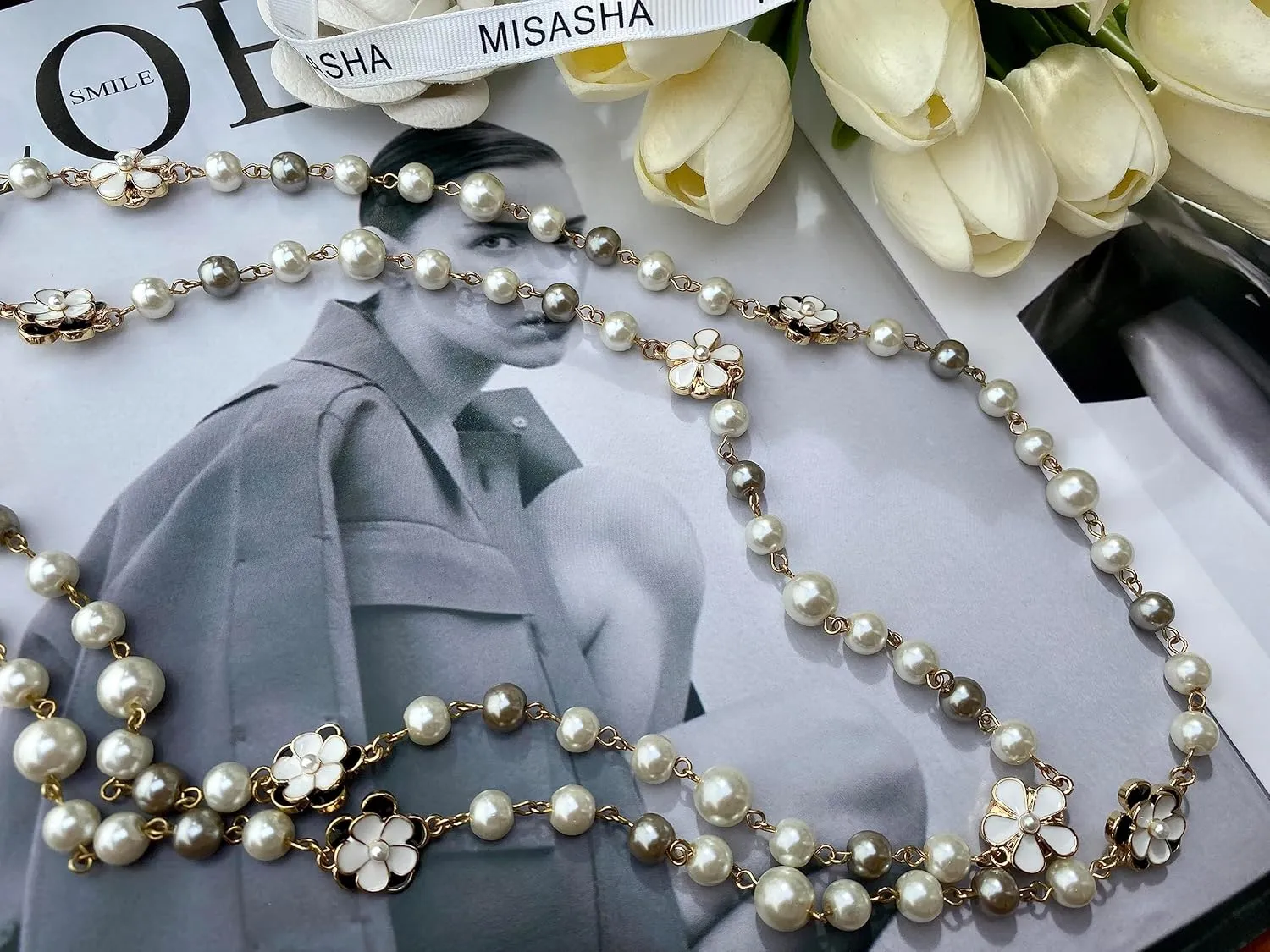 Designer Inspired Long Double Pearl Strand Layered Camellia Flower Pendant Necklace for Women, Dainty Sweater Necklace for Party, Vintage Costume Jewelry