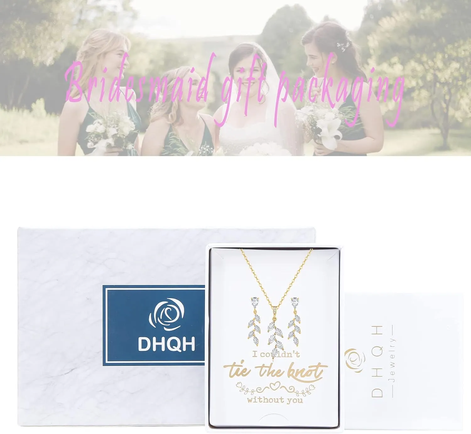 DHQH Bridesmaid Necklace Earrings Set Gifts I Couldn't Say I DO Without You Cubic Zirconia Leaf Pendant Necklace Bridesmaid Proposal Gift Set of 4 6
