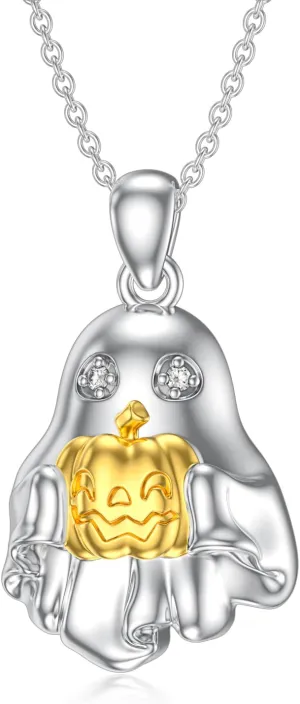 Diamond Ghost Necklace for Women 925 Sterling Silver Pumpkin Ghost Pendant Necklace Diamond Jewelry Gifts for Ladies
