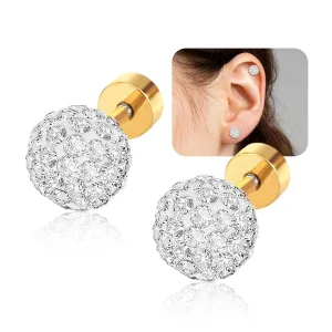 Disco Ball White Crystals Stud Earrings for Women,Hypoallergenic Flat Back Cubic Zirconia Stud Earring,6mm Elegant Round Glittering Pave Crystal Disco Ball Stud Earrings Jewelry Gift (Gold)