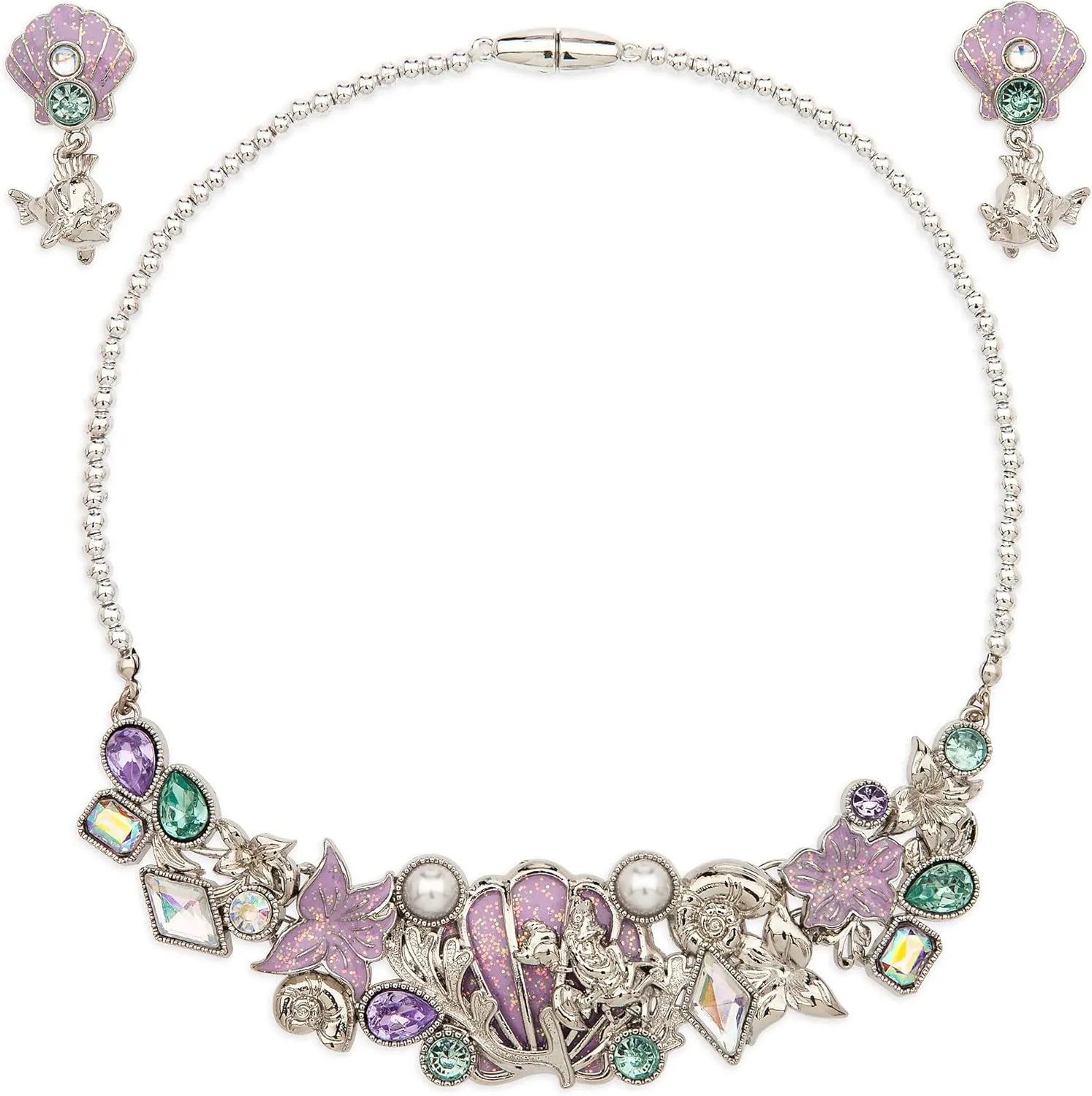 Disney Store Official Princess Jewelry Set - Ariel Costume Collection for Kids, Silvertone Necklace & Earrings with Gems & Pearls, Perfect for Princess Dress Up, The Little Mermaid Cosplay Accessories