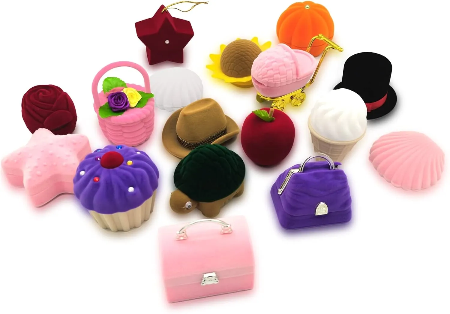 DIYOMR Cute Single Ring Box with Silver Moon DIY Small Chain, Miniature Jewelry Case Cartoon Delicate Plush Small Box For Jewelry Gift Decor Storage (Flower Basket)