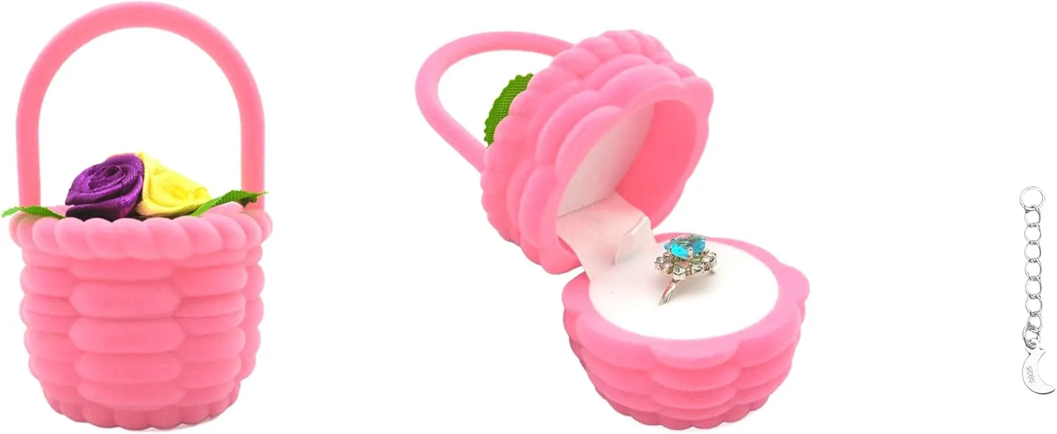 DIYOMR Cute Single Ring Box with Silver Moon DIY Small Chain, Miniature Jewelry Case Cartoon Delicate Plush Small Box For Jewelry Gift Decor Storage (Flower Basket)