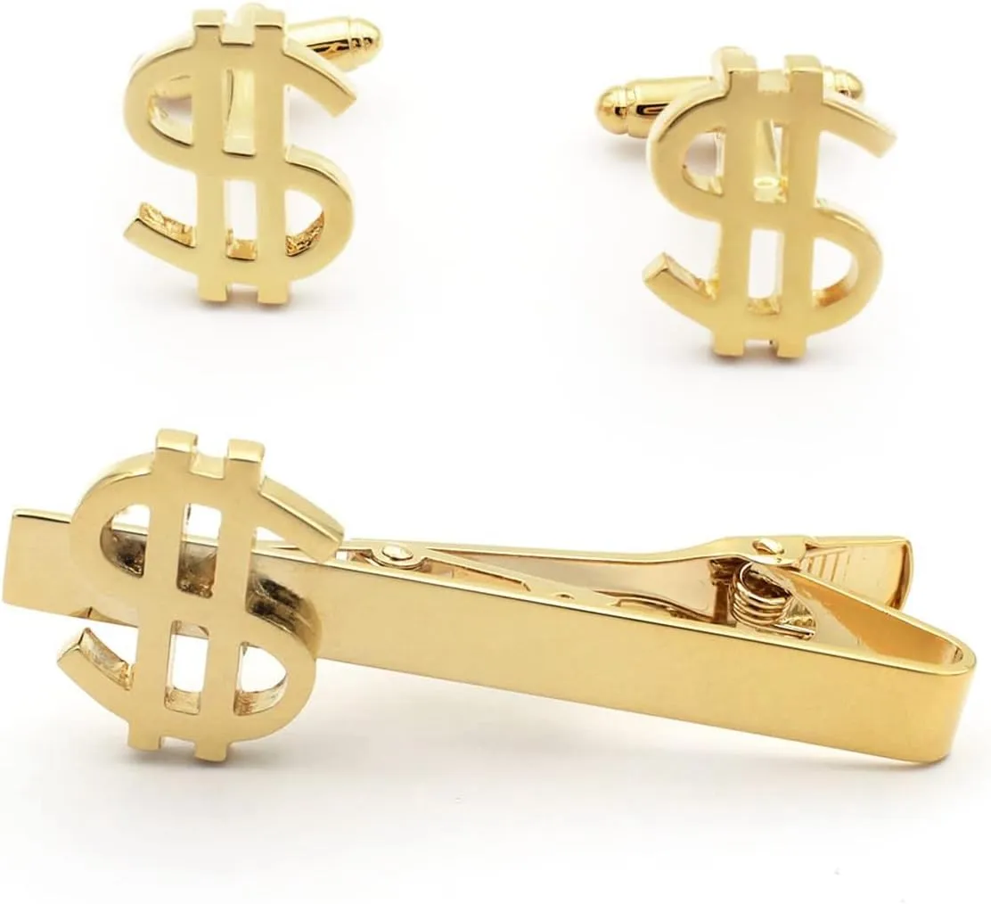 Dollar Sign Currency Money Gold Tie Clip and Cufflinks Set  Stylish Financial Accessories for Men, Great Gift for Entrepreneurs