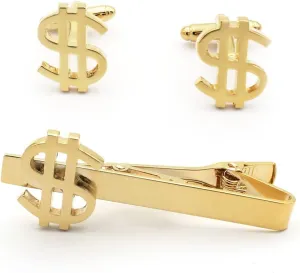 Dollar Sign Currency Money Gold Tie Clip and Cufflinks Set  Stylish Financial Accessories for Men, Great Gift for Entrepreneurs
