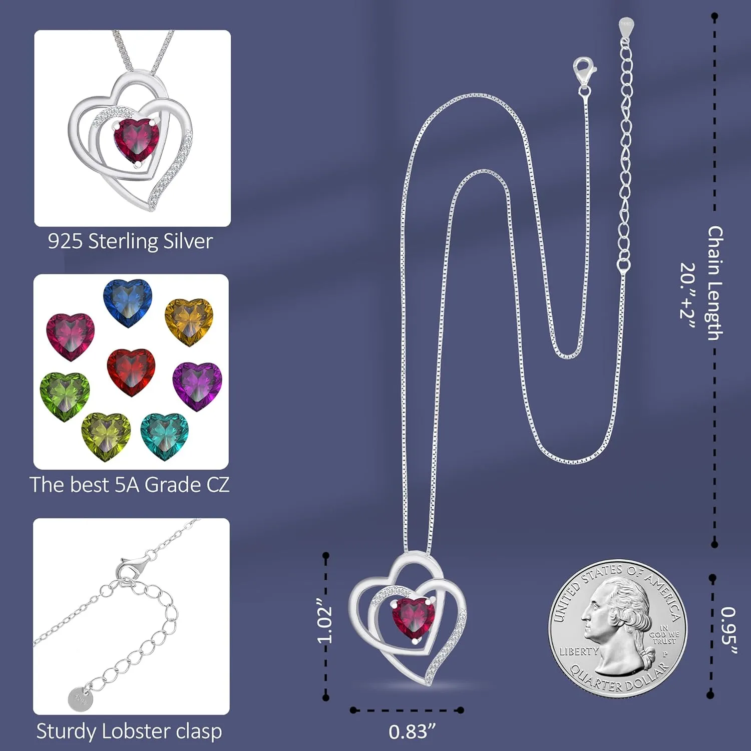Double Heart Infinity Birthstone Necklace for Women - Platinum Plated 925 Sterling Silver Birthstone Necklaces, Birthday Necklace for Women, Birthstone Jewelry for Christmas Gifts