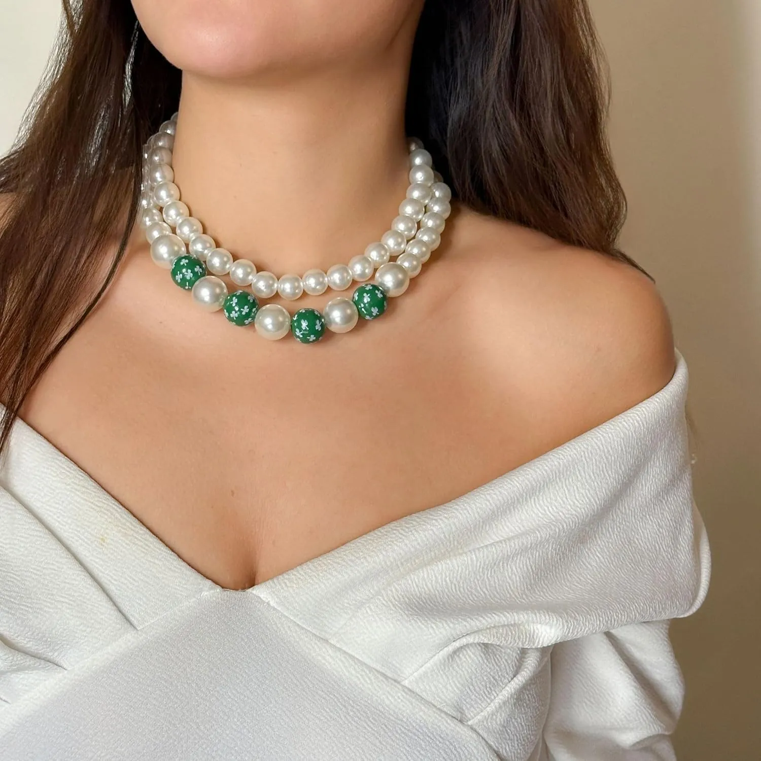 Double Layered Imitation Pearl Necklace Wooden Beads Necklace Valentine's Day St. Patrick's Day Jewelry Gifts