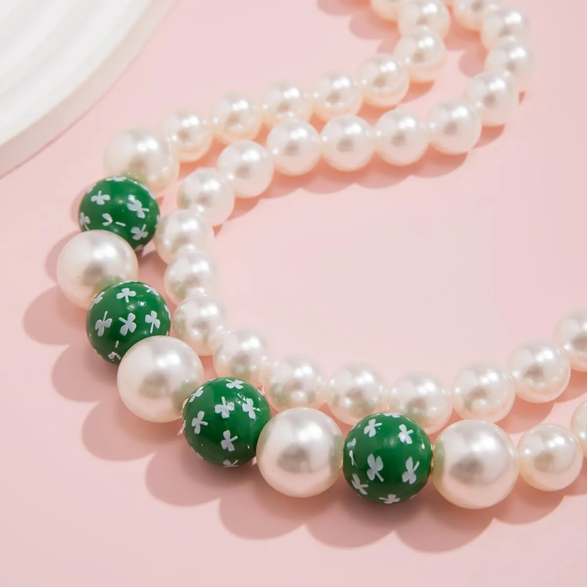 Double Layered Imitation Pearl Necklace Wooden Beads Necklace Valentine's Day St. Patrick's Day Jewelry Gifts