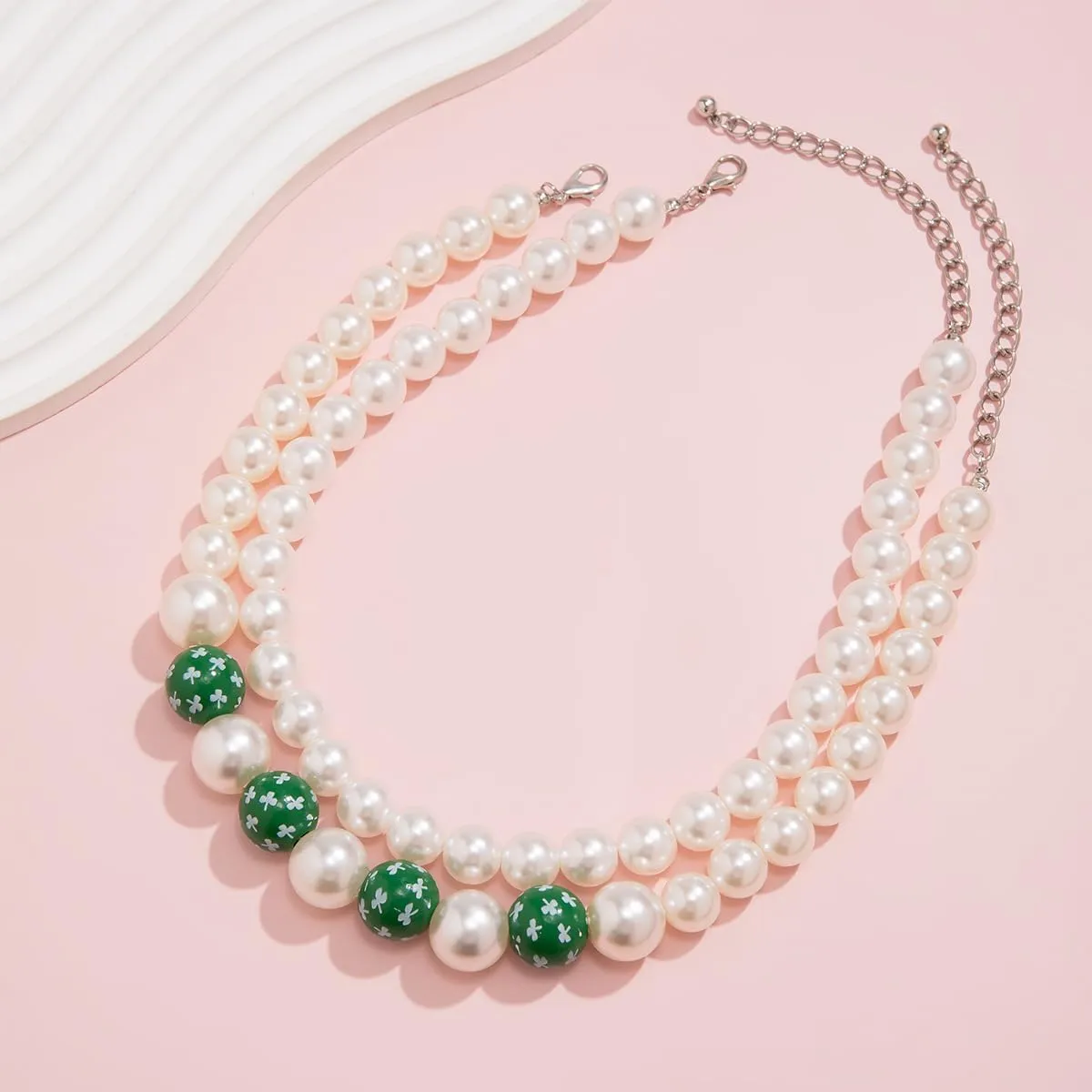 Double Layered Imitation Pearl Necklace Wooden Beads Necklace Valentine's Day St. Patrick's Day Jewelry Gifts