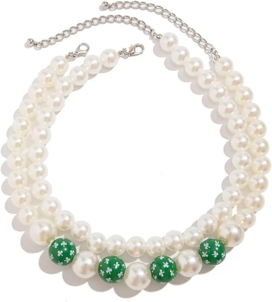 Double Layered Imitation Pearl Necklace Wooden Beads Necklace Valentine's Day St. Patrick's Day Jewelry Gifts