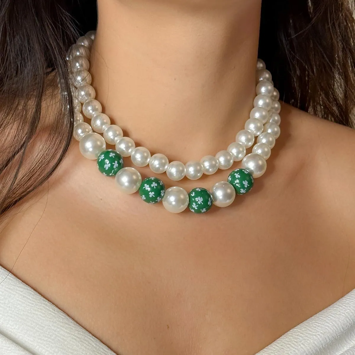 Double Layered Imitation Pearl Necklace Wooden Beads Necklace Valentine's Day St. Patrick's Day Jewelry Gifts