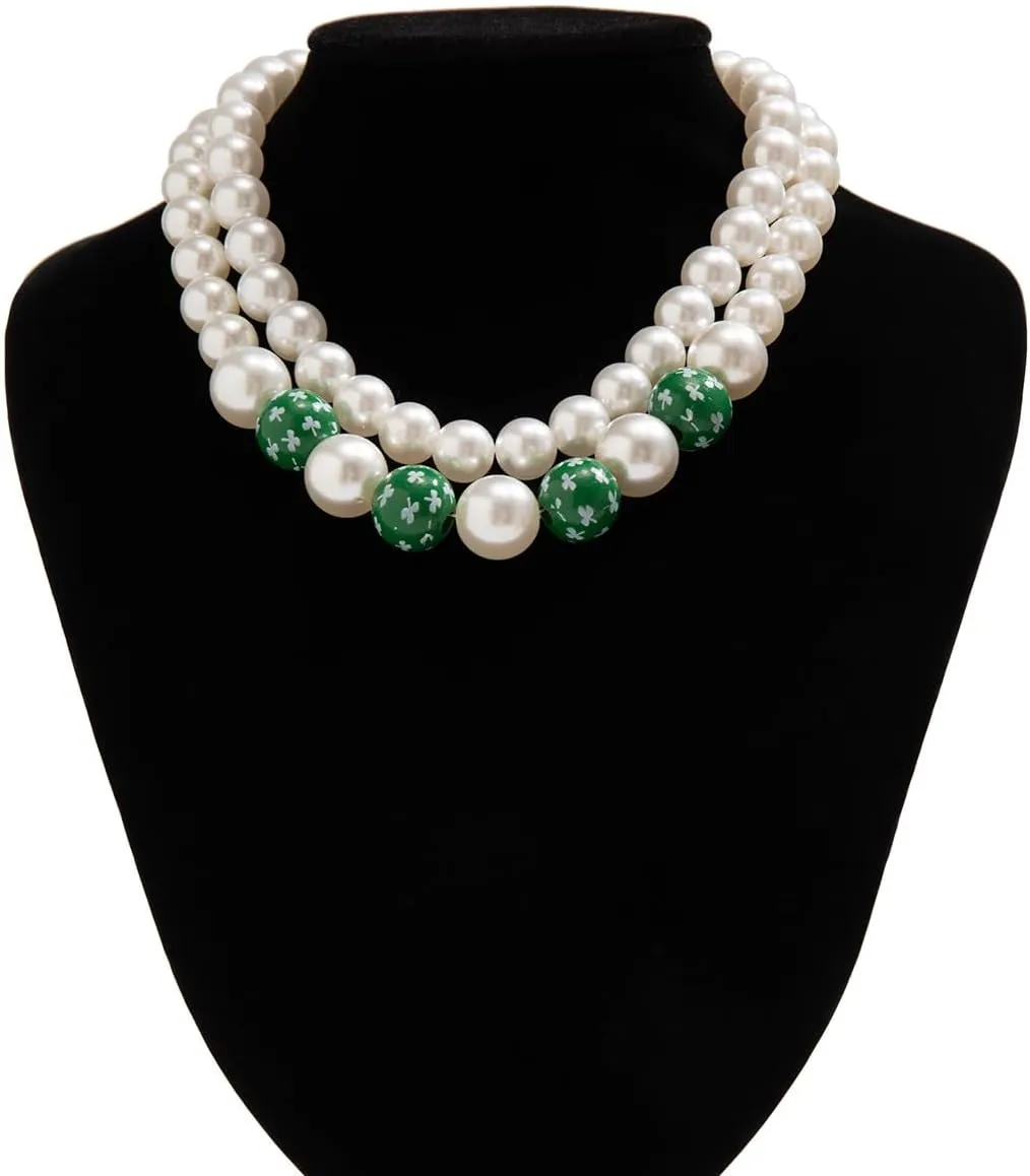 Double Layered Imitation Pearl Necklace Wooden Beads Necklace Valentine's Day St. Patrick's Day Jewelry Gifts
