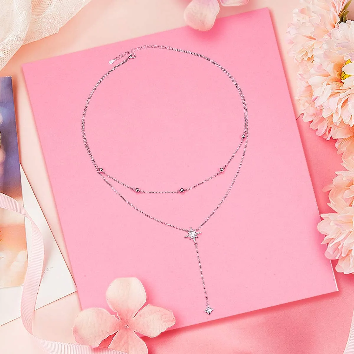 Double Layered Necklace S925 Sterling Silver Y Shape Lariat Necklace Long Chain Women Girls Jewelry