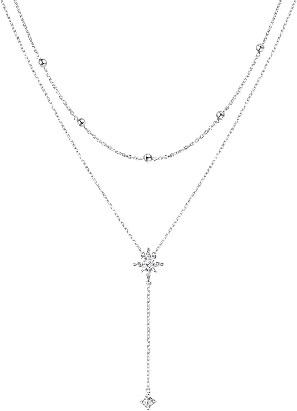 Double Layered Necklace S925 Sterling Silver Y Shape Lariat Necklace Long Chain Women Girls Jewelry