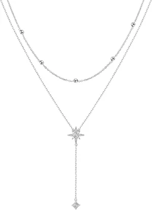 Double Layered Necklace S925 Sterling Silver Y Shape Lariat Necklace Long Chain Women Girls Jewelry