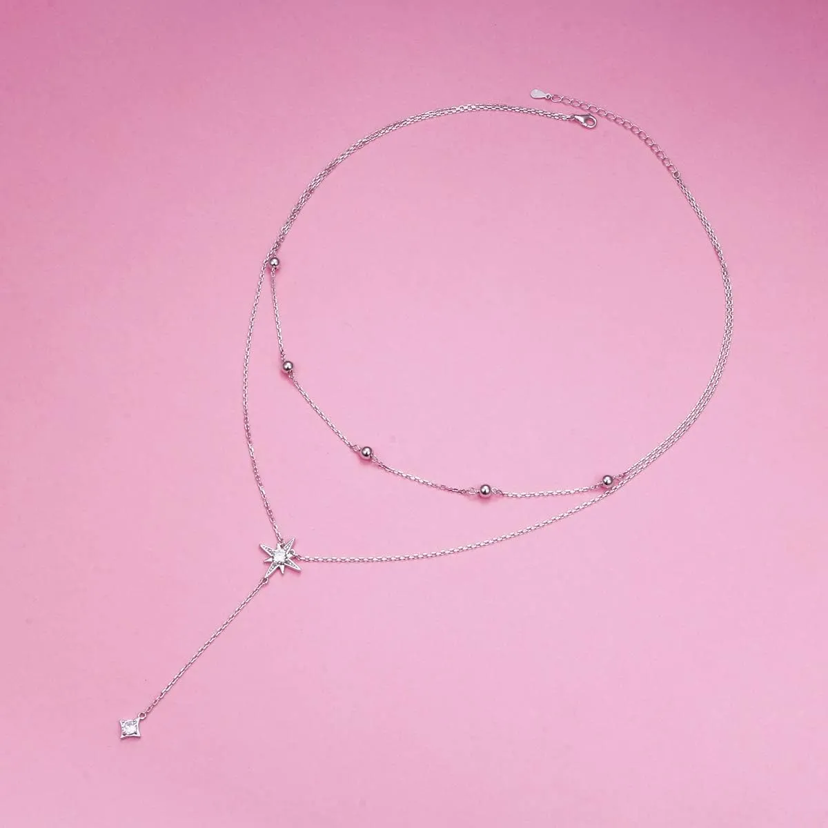 Double Layered Necklace S925 Sterling Silver Y Shape Lariat Necklace Long Chain Women Girls Jewelry