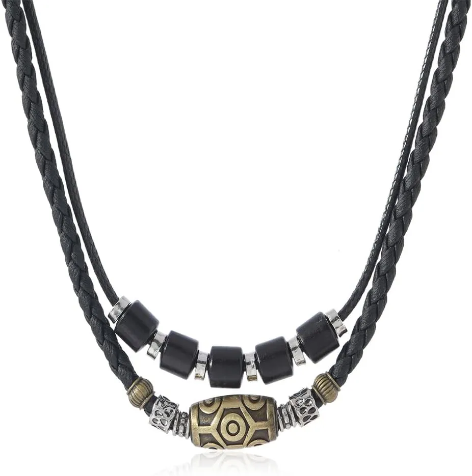 Double Layers Braided Black Leather Meatal Beaded Necklace with A Big Oval Metal Bead Simple Stylish for Summer Beach Surfer