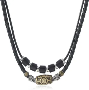 Double Layers Braided Black Leather Meatal Beaded Necklace with A Big Oval Metal Bead Simple Stylish for Summer Beach Surfer
