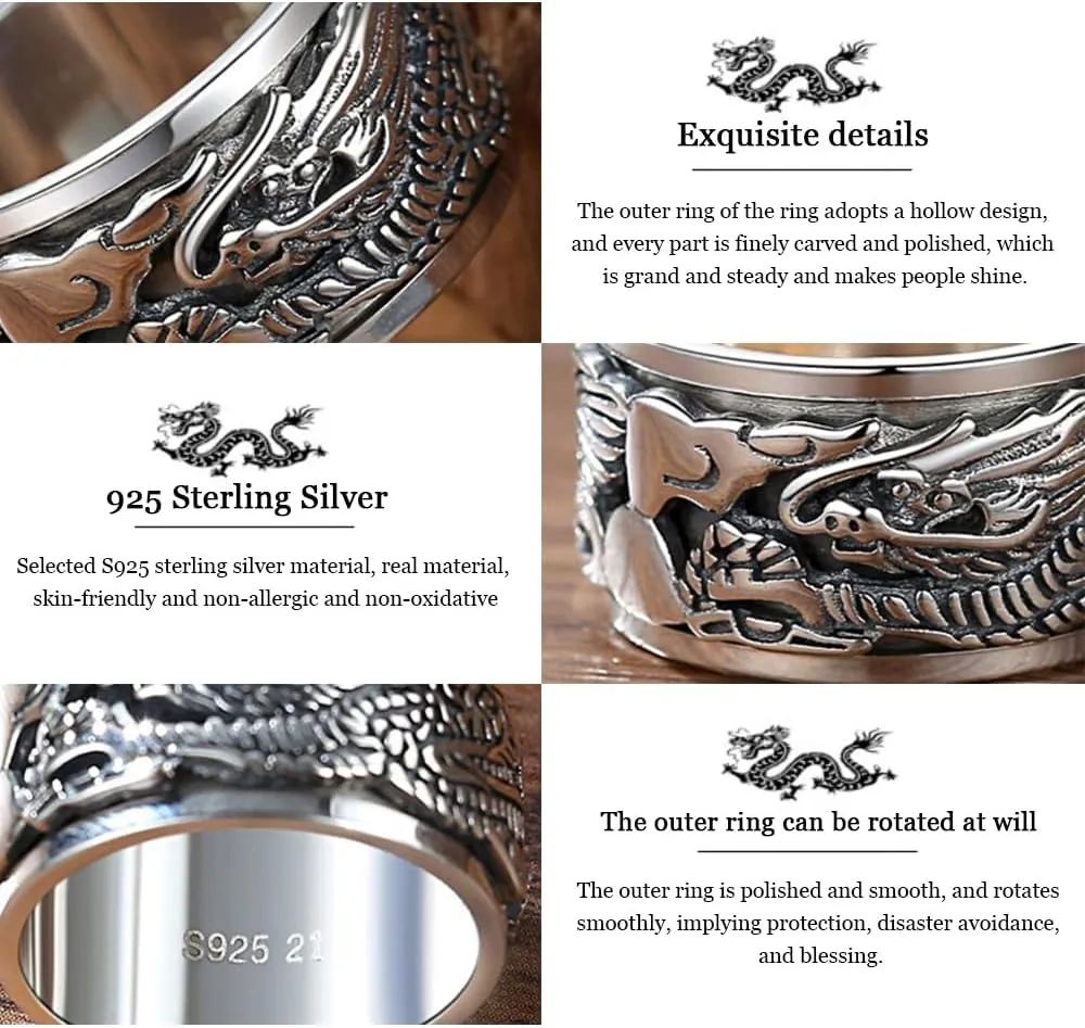 Dragon Rings, Vintage 925 Sterling Silver Feng Shui Ring, Health Wealth Protection Punk Dragon Rings for Men Women, Neo Chinese Style Lucky Amulet, Cool Biker Ring